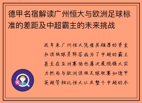 德甲名宿解读广州恒大与欧洲足球标准的差距及中超霸主的未来挑战